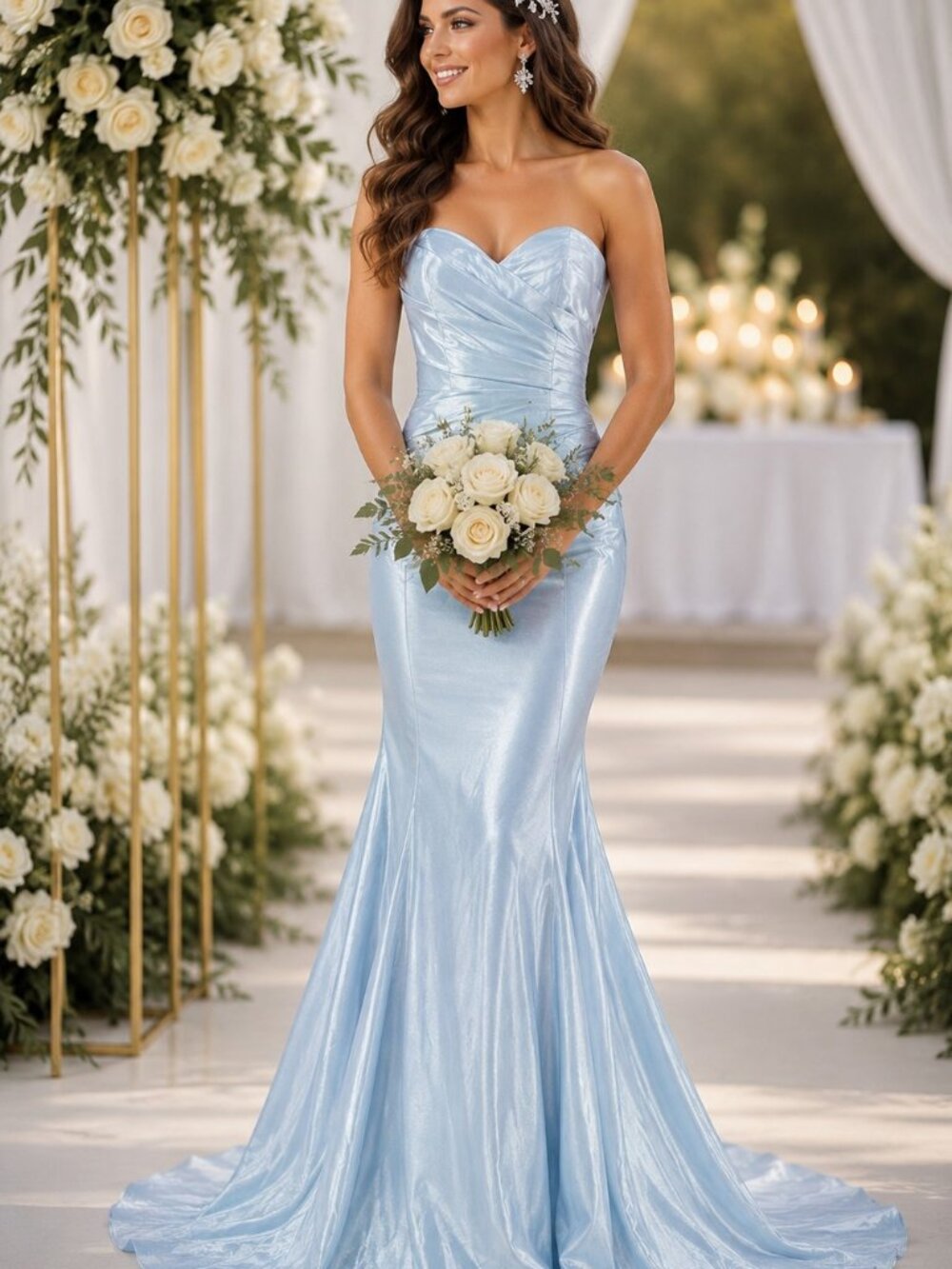 NEW BLUE Satin Scoop Neck Evening Gown Floor Length With Train 8083J